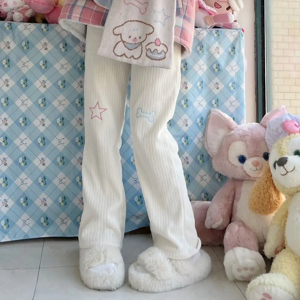Pastel Candy Colored Kawaii Pants with Embroidered Star and Bone - Cosparty