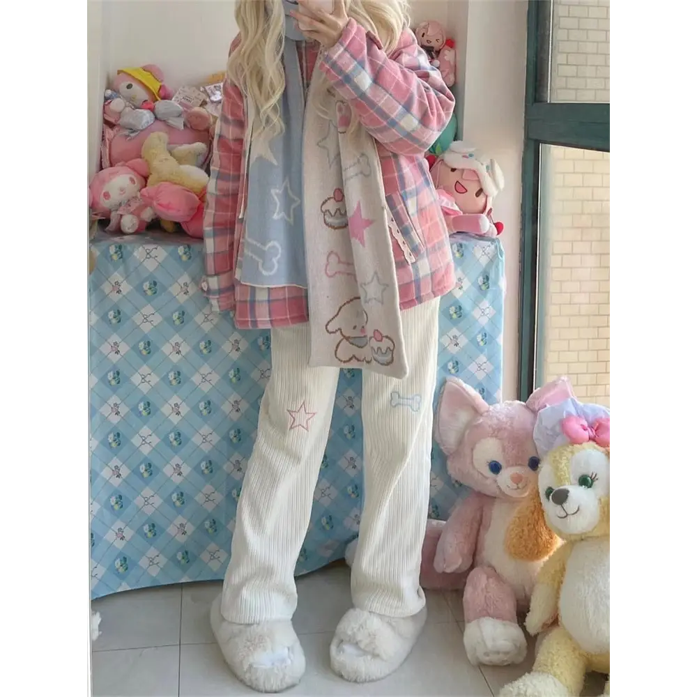 Pastel Candy Colored Kawaii Pants with Embroidered Star and Bone - pants