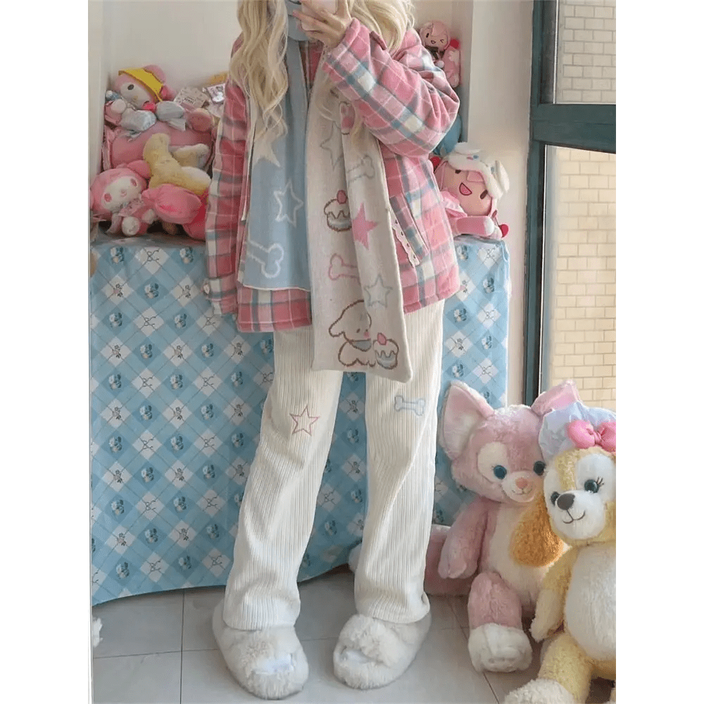 Pastel Candy Colored Kawaii Pants with Embroidered Star and Bone - Cosparty