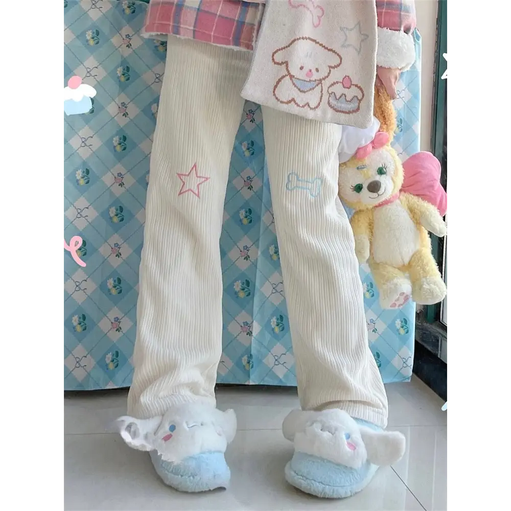 Pastel Candy Colored Kawaii Pants with Embroidered Star and Bone - pants