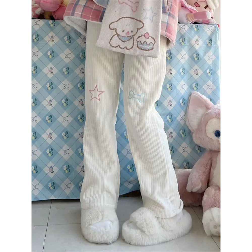 Pastel Candy Colored Kawaii Pants with Embroidered Star and Bone - pants