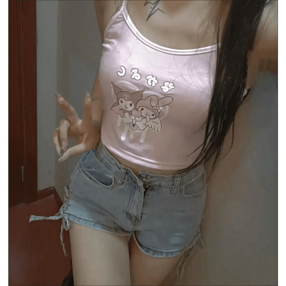 Pastel Fairy Kei Kuromi Crop Top with Spaghetti Straps - Cosparty
