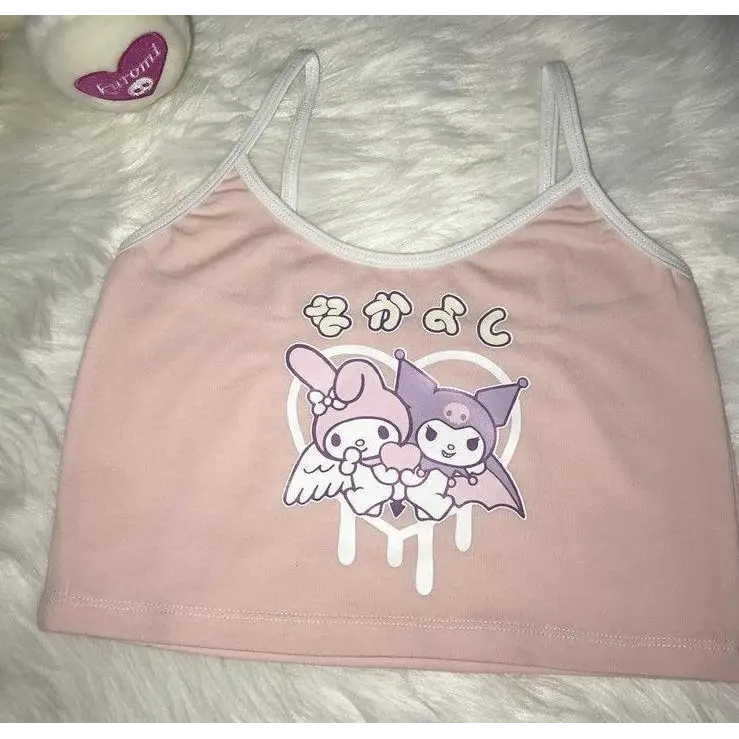 Pastel Fairy Kei Kuromi Crop Top with Spaghetti Straps - shirt