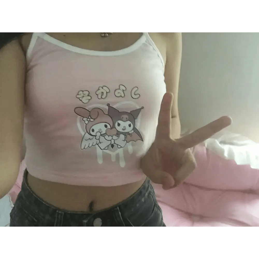 Pastel Fairy Kei Kuromi Crop Top with Spaghetti Straps - Cosparty
