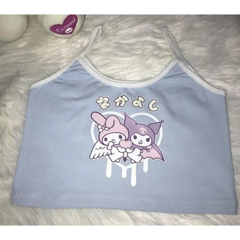 Pastel Fairy Kei Kuromi Crop Top with Spaghetti Straps - shirt