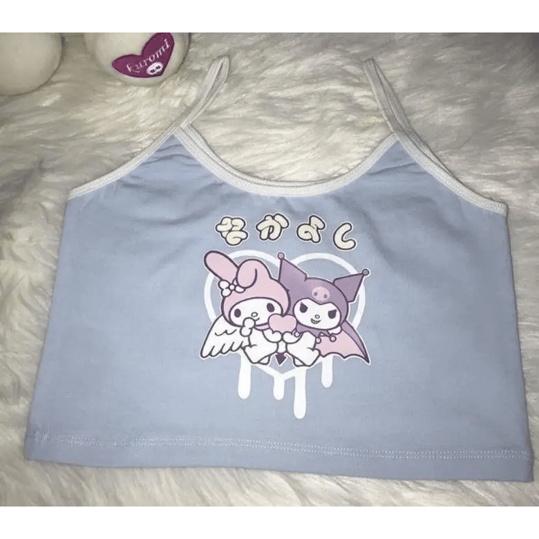 Pastel Fairy Kei Kuromi Crop Top with Spaghetti Straps - Cosparty