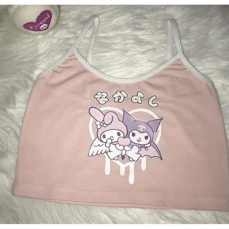 Pastel Fairy Kei Kuromi Crop Top with Spaghetti Straps - Cosparty