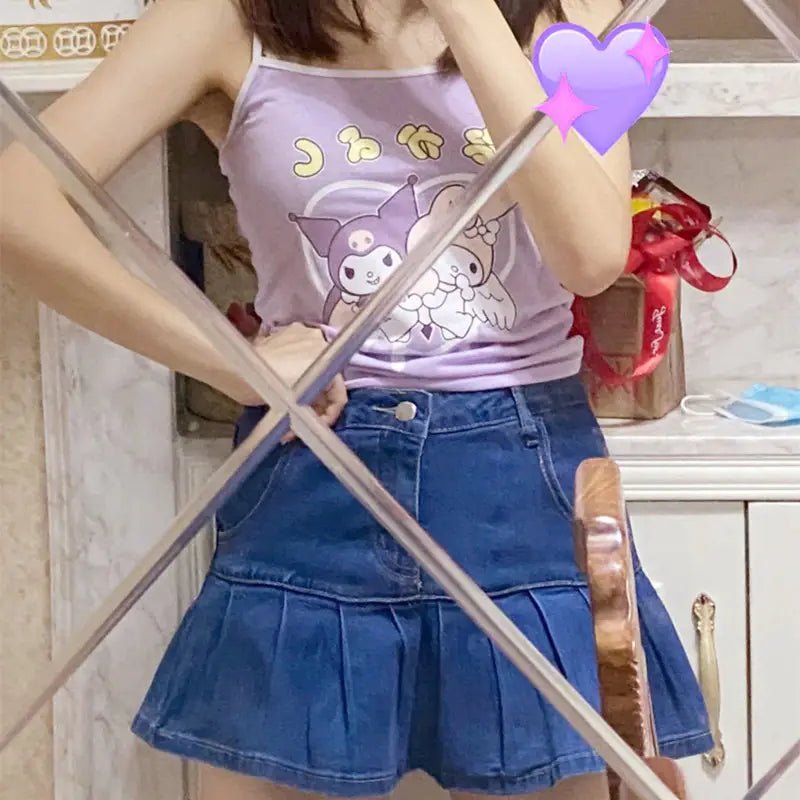 Pastel Fairy Kei Kuromi Crop Top with Spaghetti Straps - Cosparty