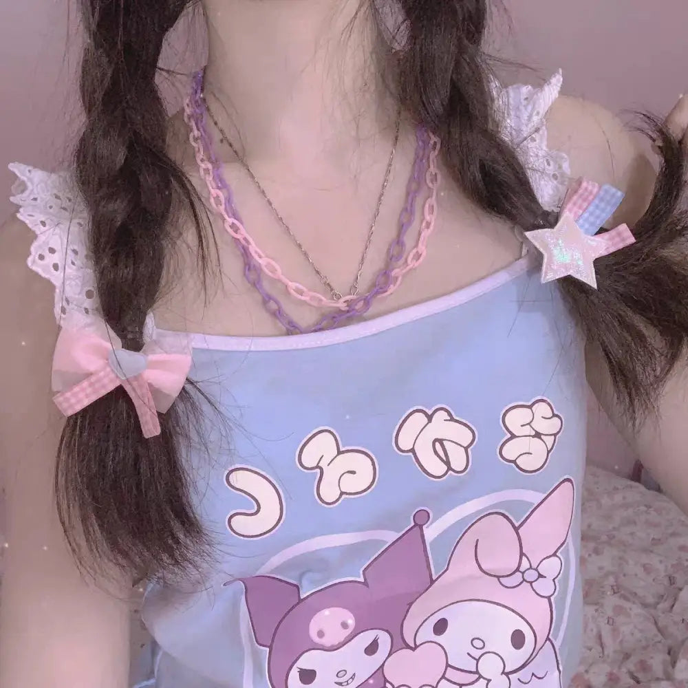 Pastel Fairy Kei Kuromi Crop Top with Spaghetti Straps - shirt