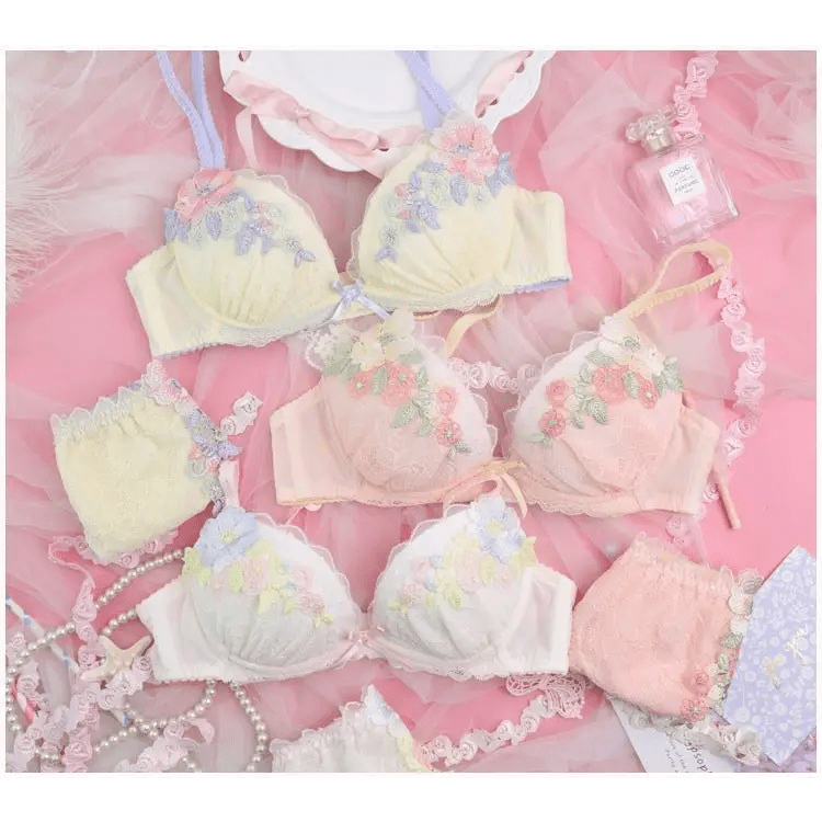 Pastel Floral Embroidered Lingerie Set for Kawaii Fashion Lovers - Cosparty