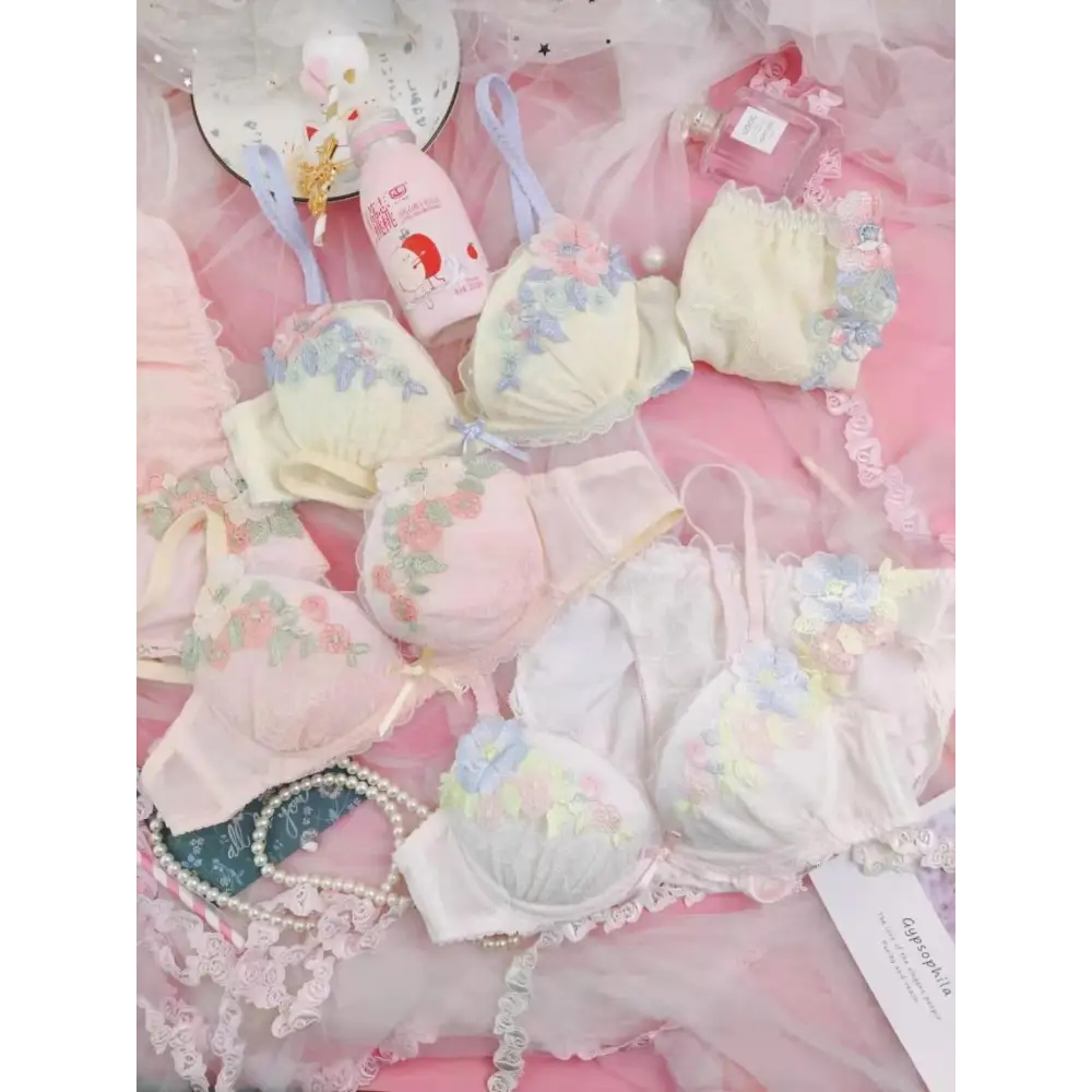 Pastel Floral Embroidered Lingerie Set for Kawaii Fashion Lovers - underwear