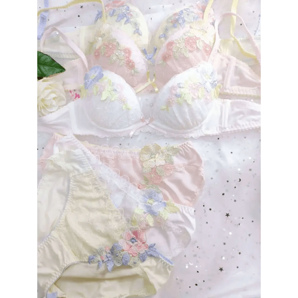 Pastel Floral Embroidered Lingerie Set for Kawaii Fashion Lovers - Cosparty