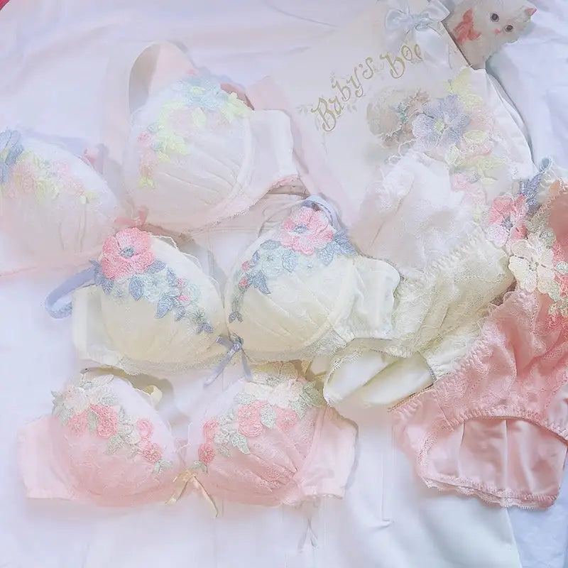 Pastel Floral Embroidered Lingerie Set for Kawaii Fashion Lovers - underwear