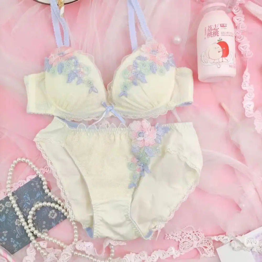 Pastel Floral Embroidered Lingerie Set for Kawaii Fashion Lovers - Cosparty