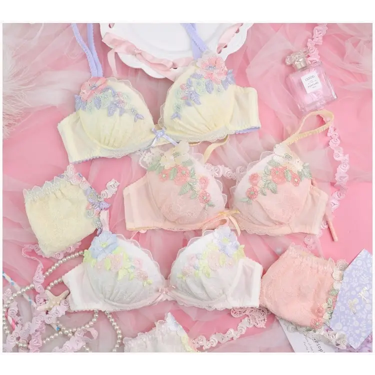 Pastel Floral Embroidered Lingerie Set for Kawaii Fashion Lovers - underwear