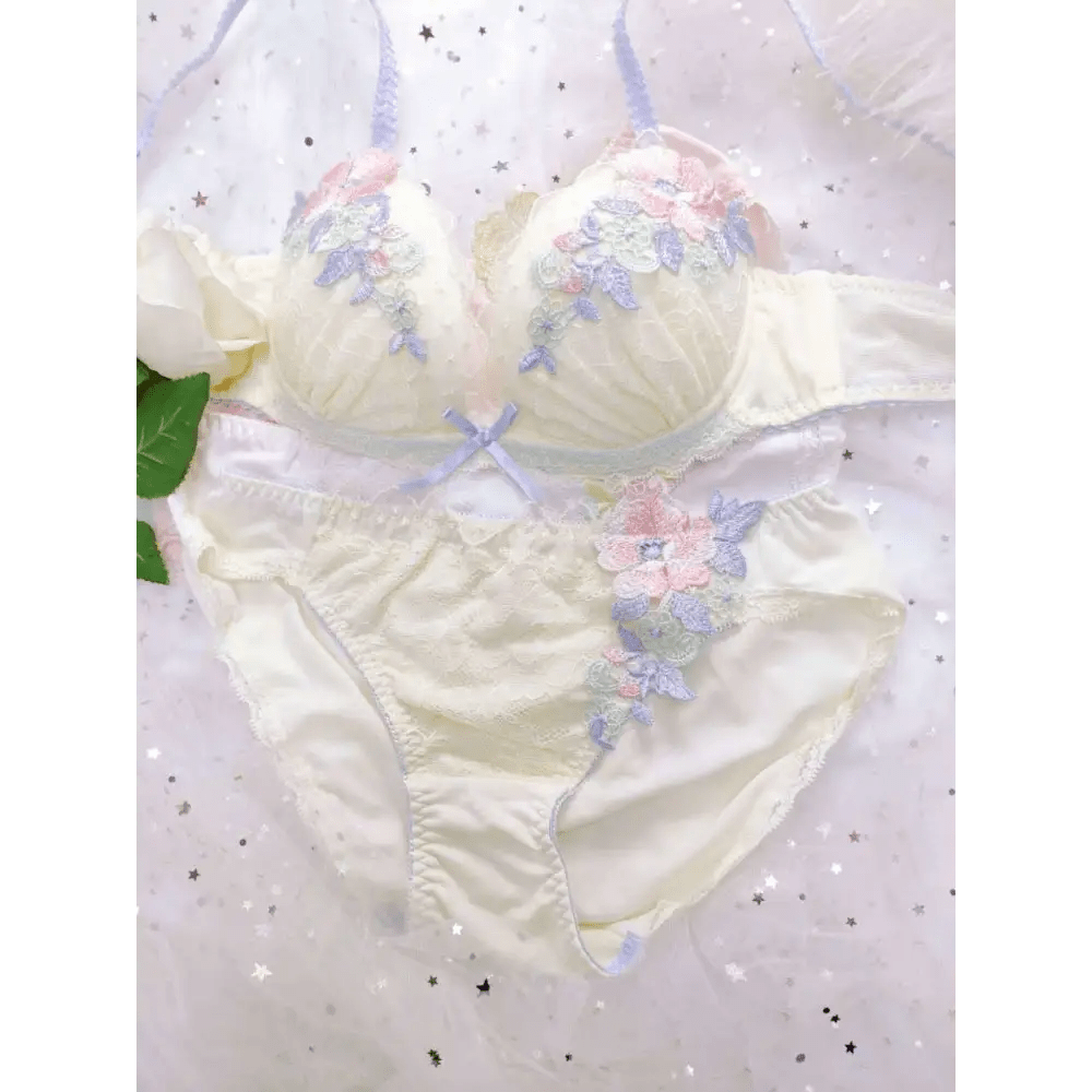 Pastel Floral Embroidered Lingerie Set for Kawaii Fashion Lovers - Cosparty
