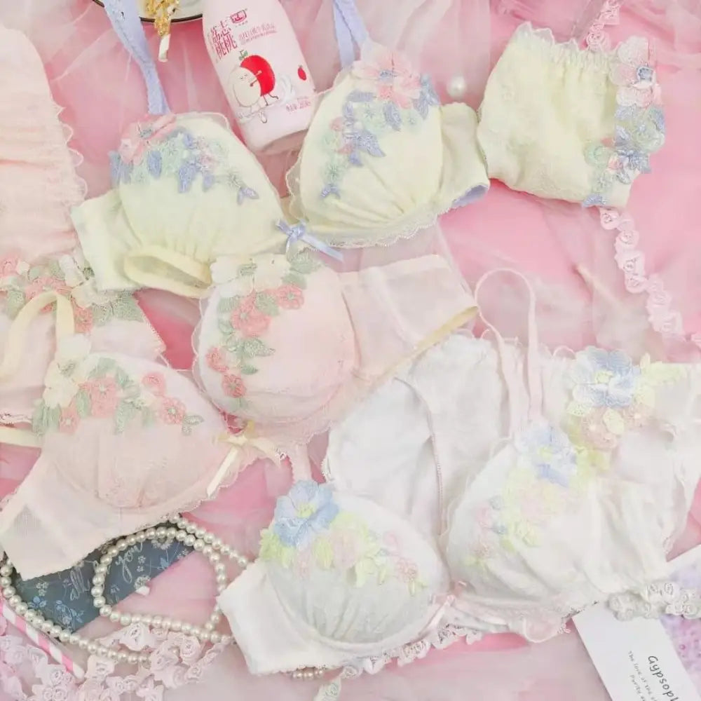 Pastel Floral Embroidered Lingerie Set for Kawaii Fashion Lovers - underwear