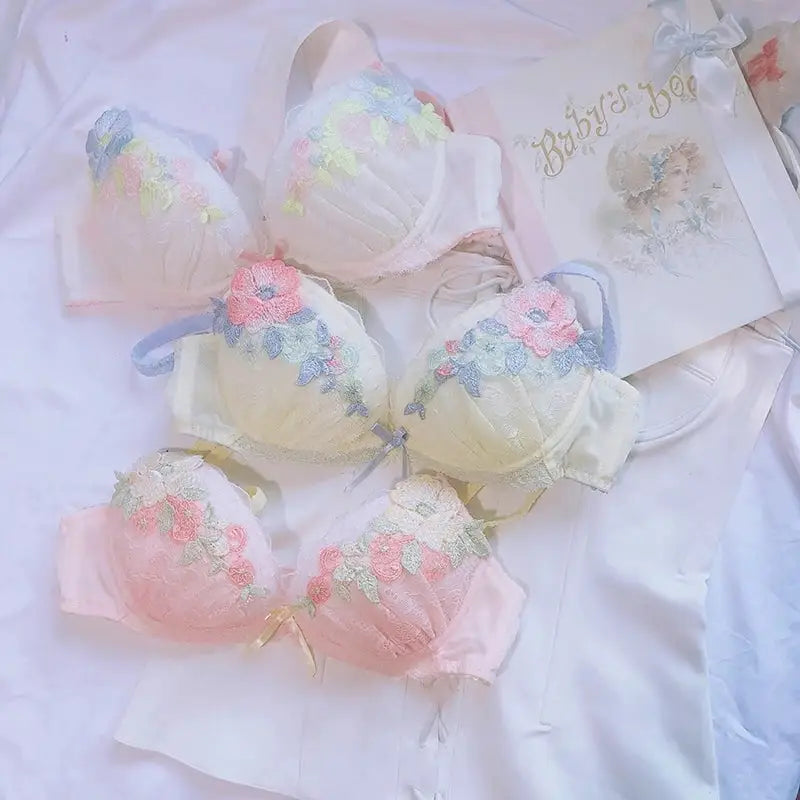 Pastel Floral Embroidered Lingerie Set for Kawaii Fashion Lovers - underwear