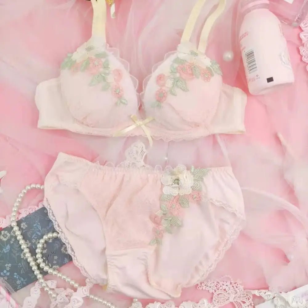 Pastel Floral Embroidered Lingerie Set for Kawaii Fashion Lovers - Cosparty