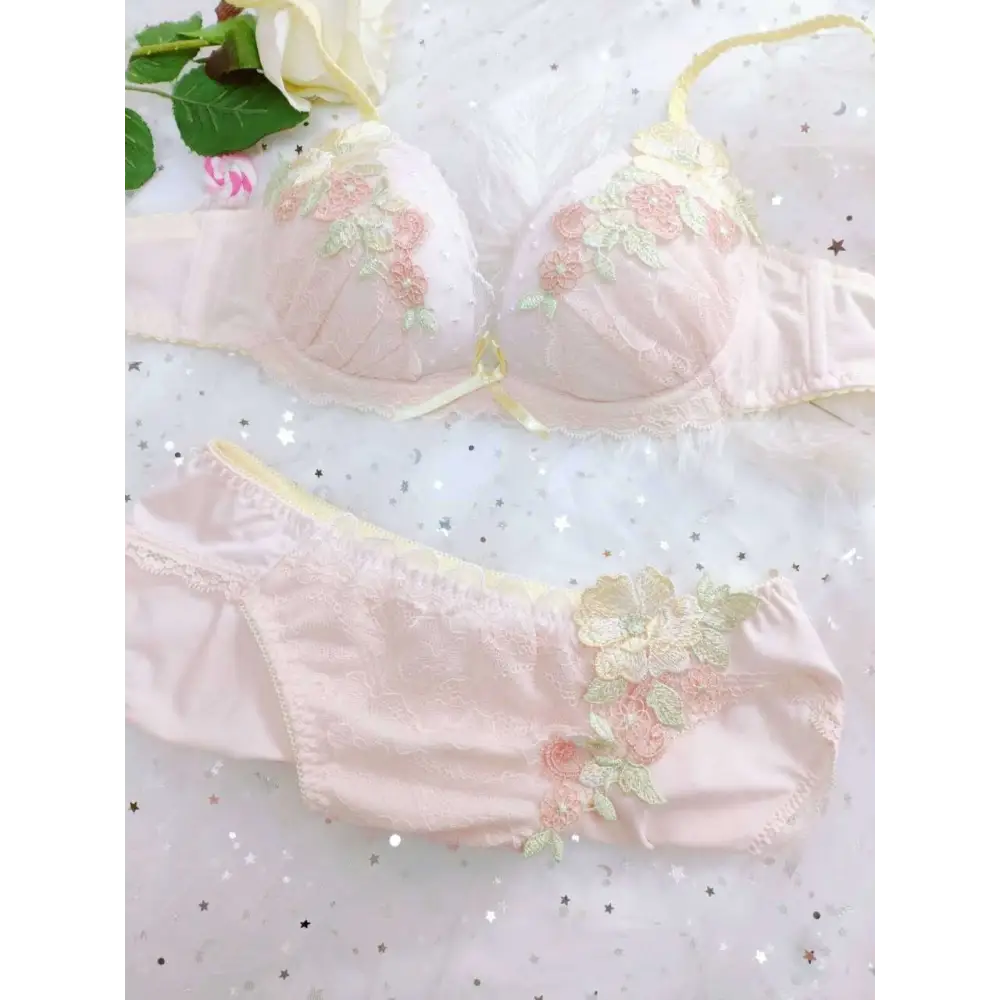 Pastel Floral Embroidered Lingerie Set for Kawaii Fashion Lovers - underwear