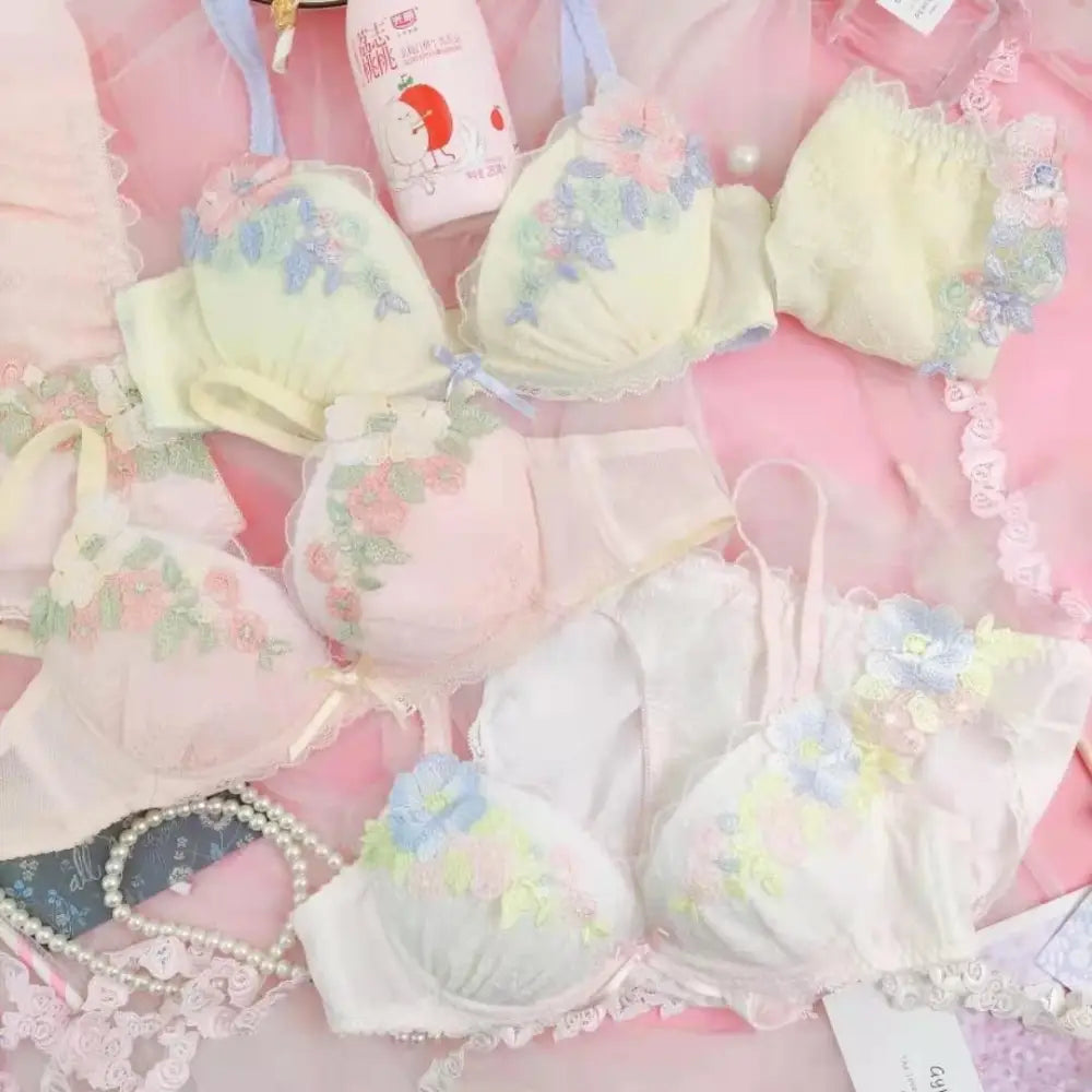 Pastel Floral Embroidered Lingerie Set for Kawaii Fashion Lovers - underwear