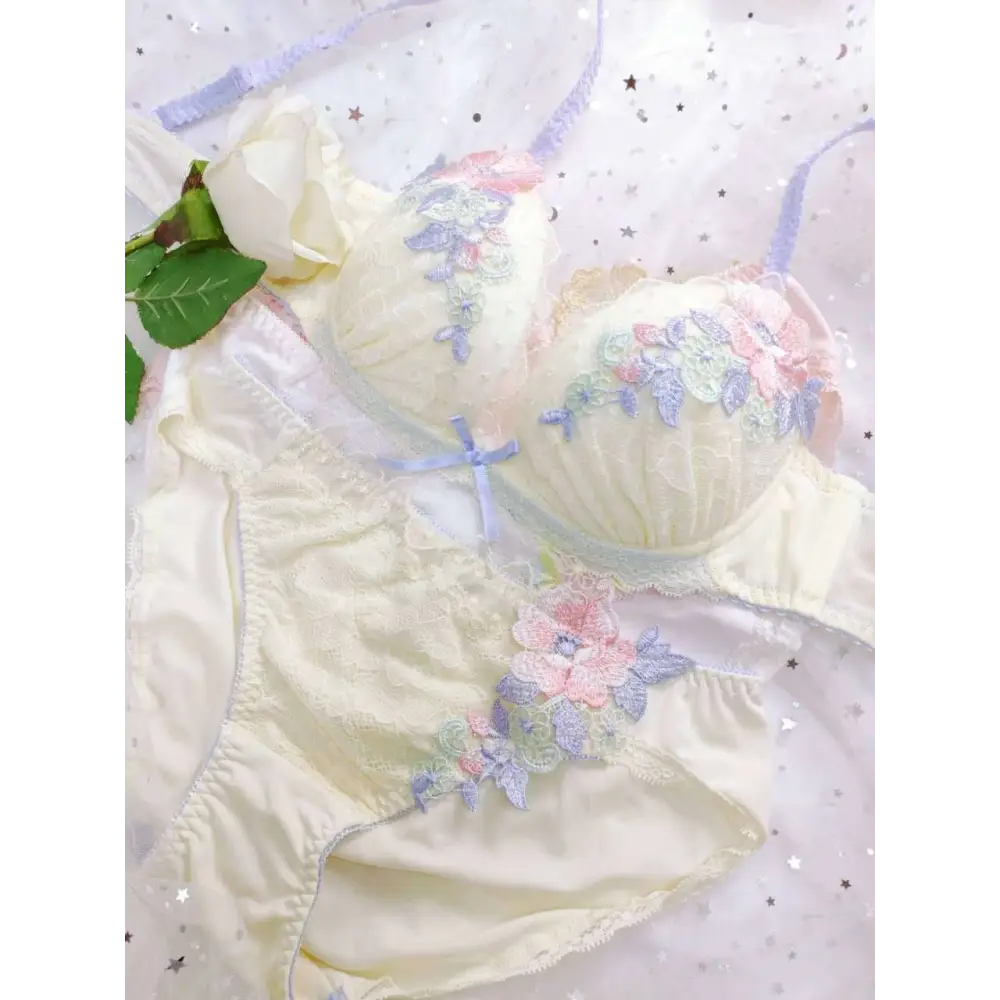 Pastel Floral Embroidered Lingerie Set for Kawaii Fashion Lovers - underwear