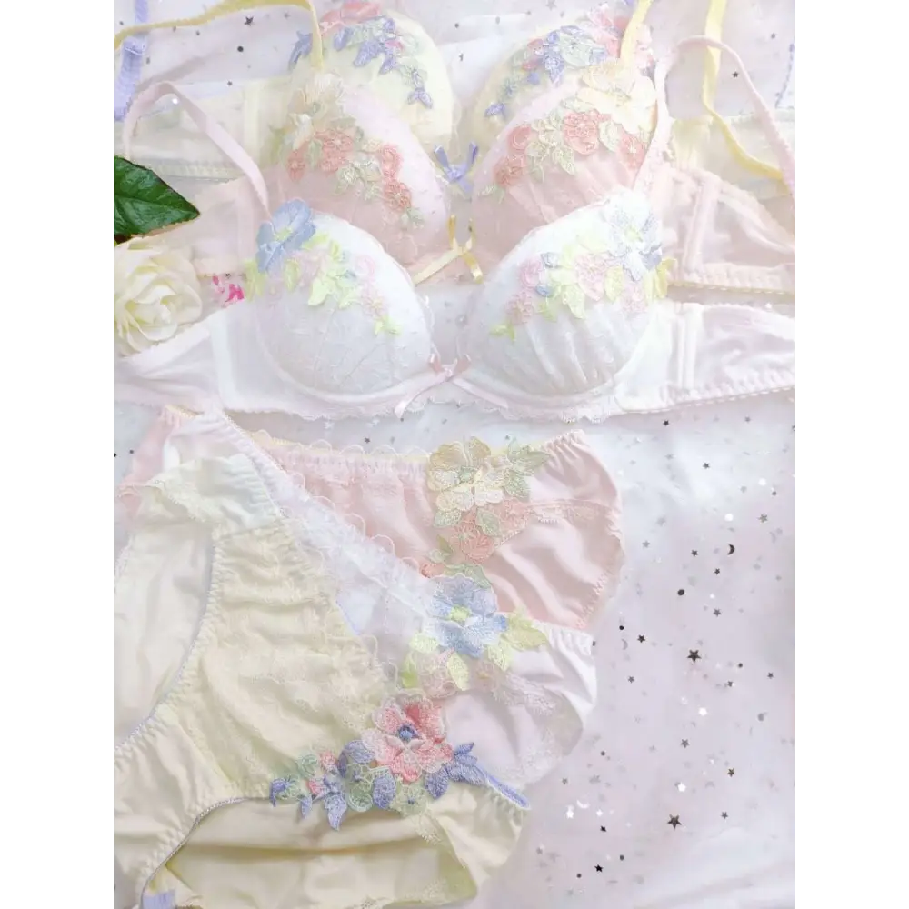 Pastel Floral Embroidered Lingerie Set for Kawaii Fashion Lovers - underwear