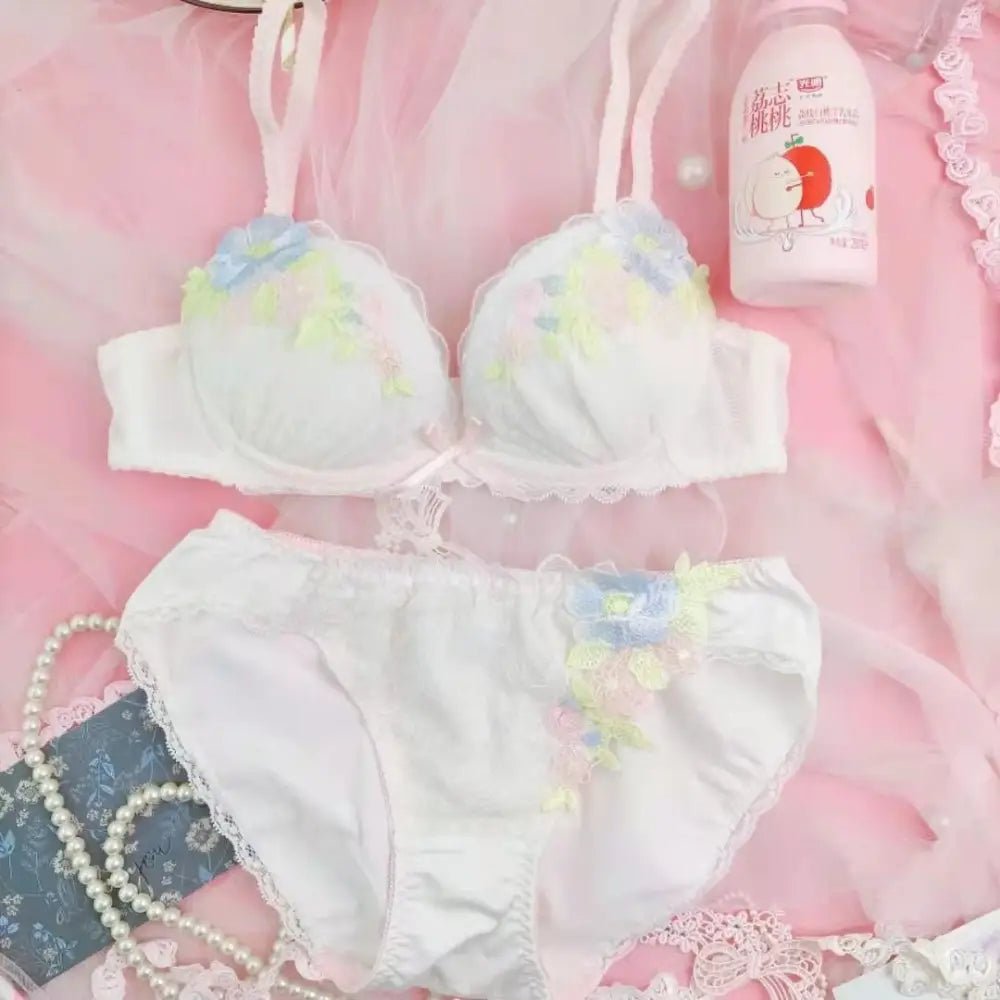 Pastel Floral Embroidered Lingerie Set for Kawaii Fashion Lovers - Cosparty