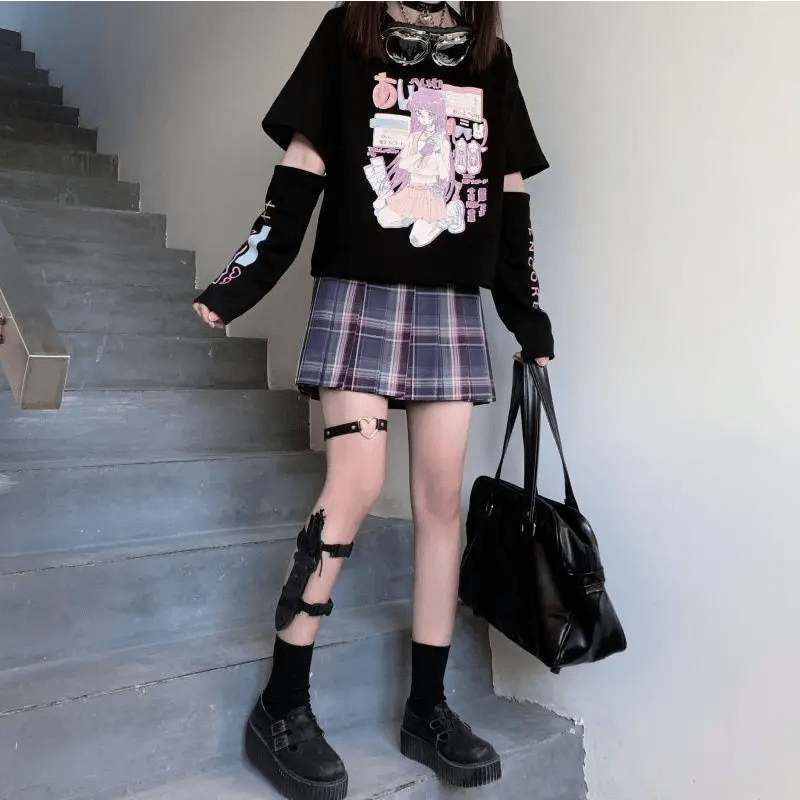 Pastel Goth Oversized E - Girl Crop Top with Stunning Artistic Details - Cosparty