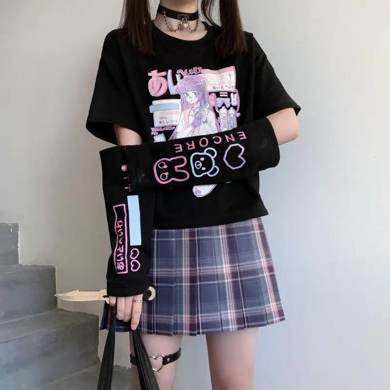 Pastel Goth Oversized E - Girl Crop Top with Stunning Artistic Details - Cosparty