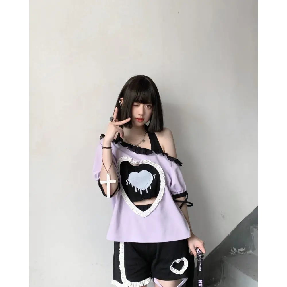 Pastel Goth Sweetheart Outfit with Crop Top and Peekaboo T-Shirt - sweater