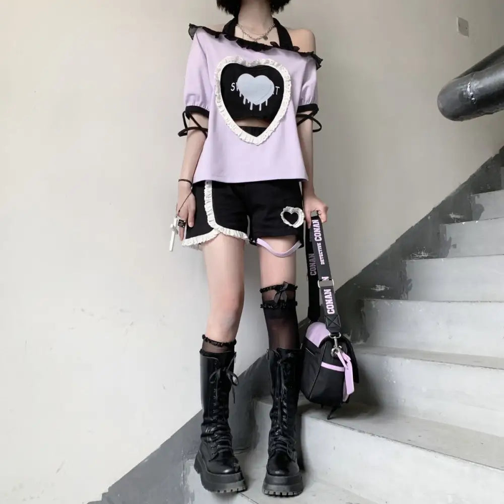 Pastel Goth Sweetheart Outfit with Crop Top and Peekaboo T-Shirt - sweater