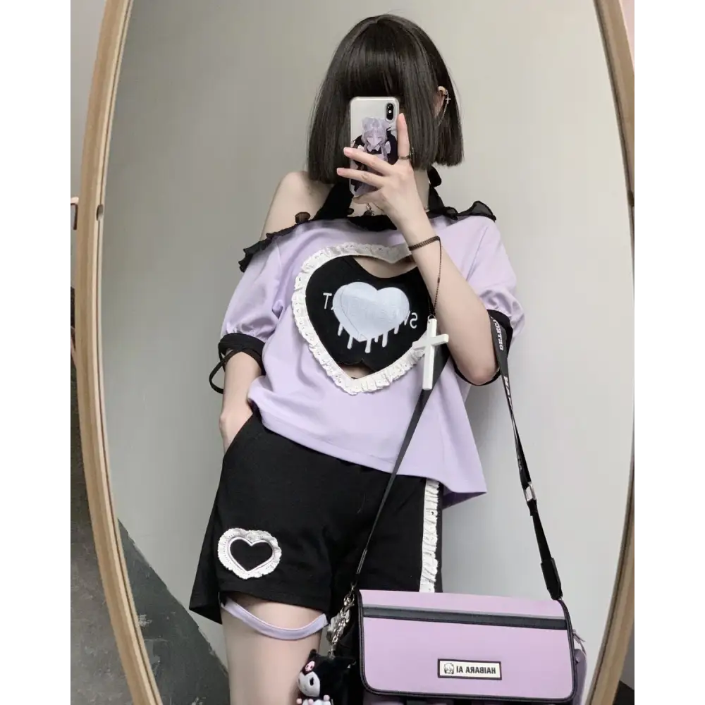 Pastel Goth Sweetheart Outfit with Crop Top and Peekaboo T-Shirt - sweater