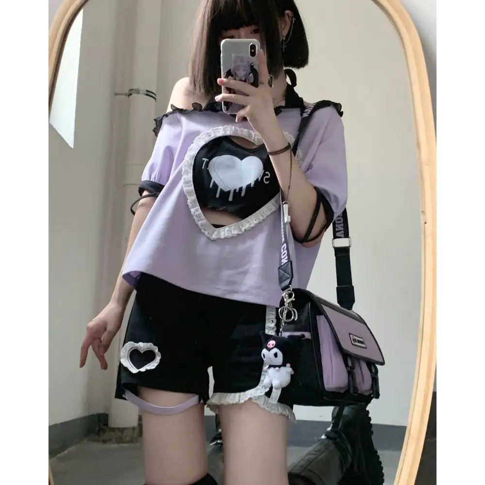 Pastel Goth Sweetheart Outfit with Crop Top and Peekaboo T-Shirt - sweater