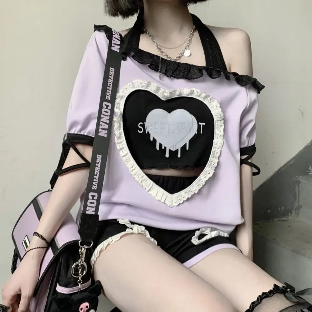 Pastel Goth Sweetheart Outfit with Crop Top and Peekaboo T-Shirt - sweater