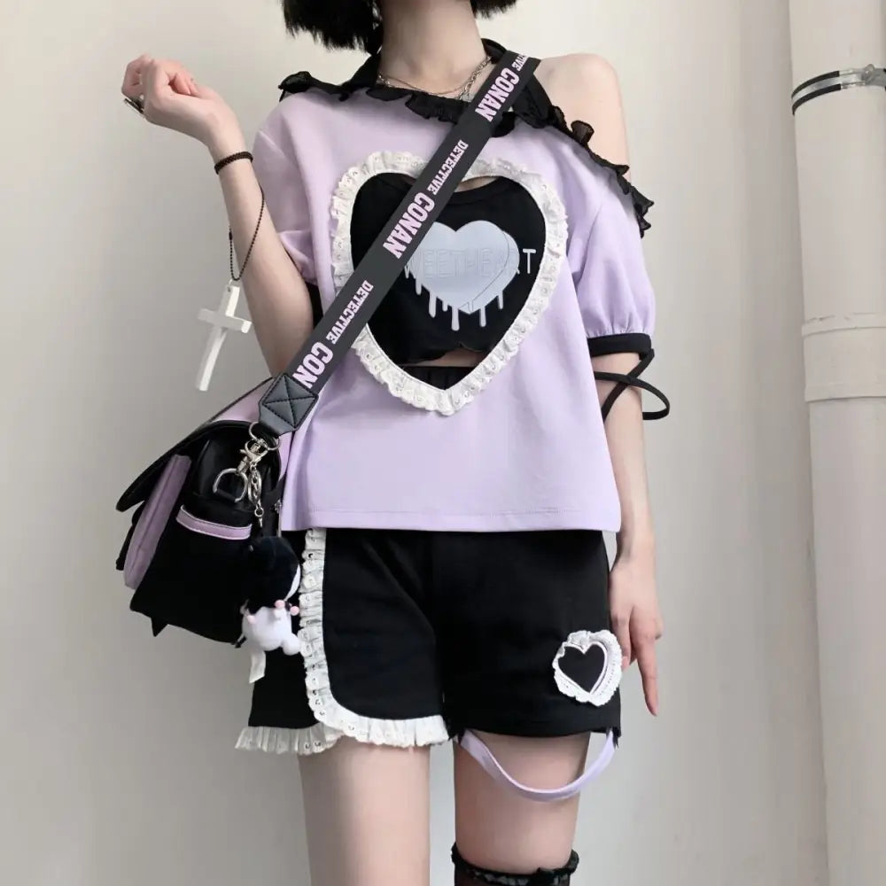 Pastel Goth Sweetheart Outfit with Crop Top and Peekaboo T-Shirt - sweater