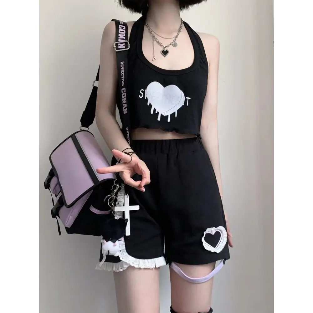 Pastel Goth Sweetheart Outfit with Crop Top and Peekaboo T-Shirt - sweater