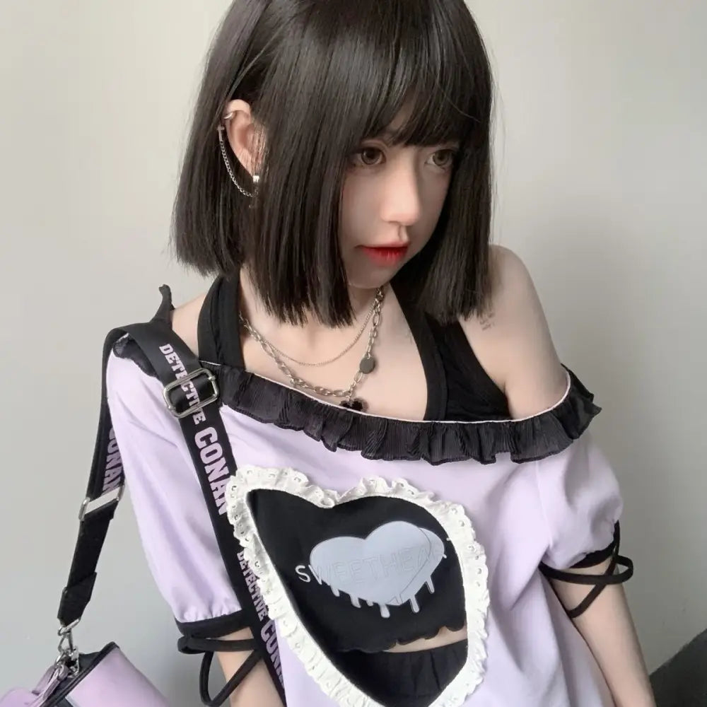 Pastel Goth Sweetheart Outfit with Crop Top and Peekaboo T-Shirt - sweater