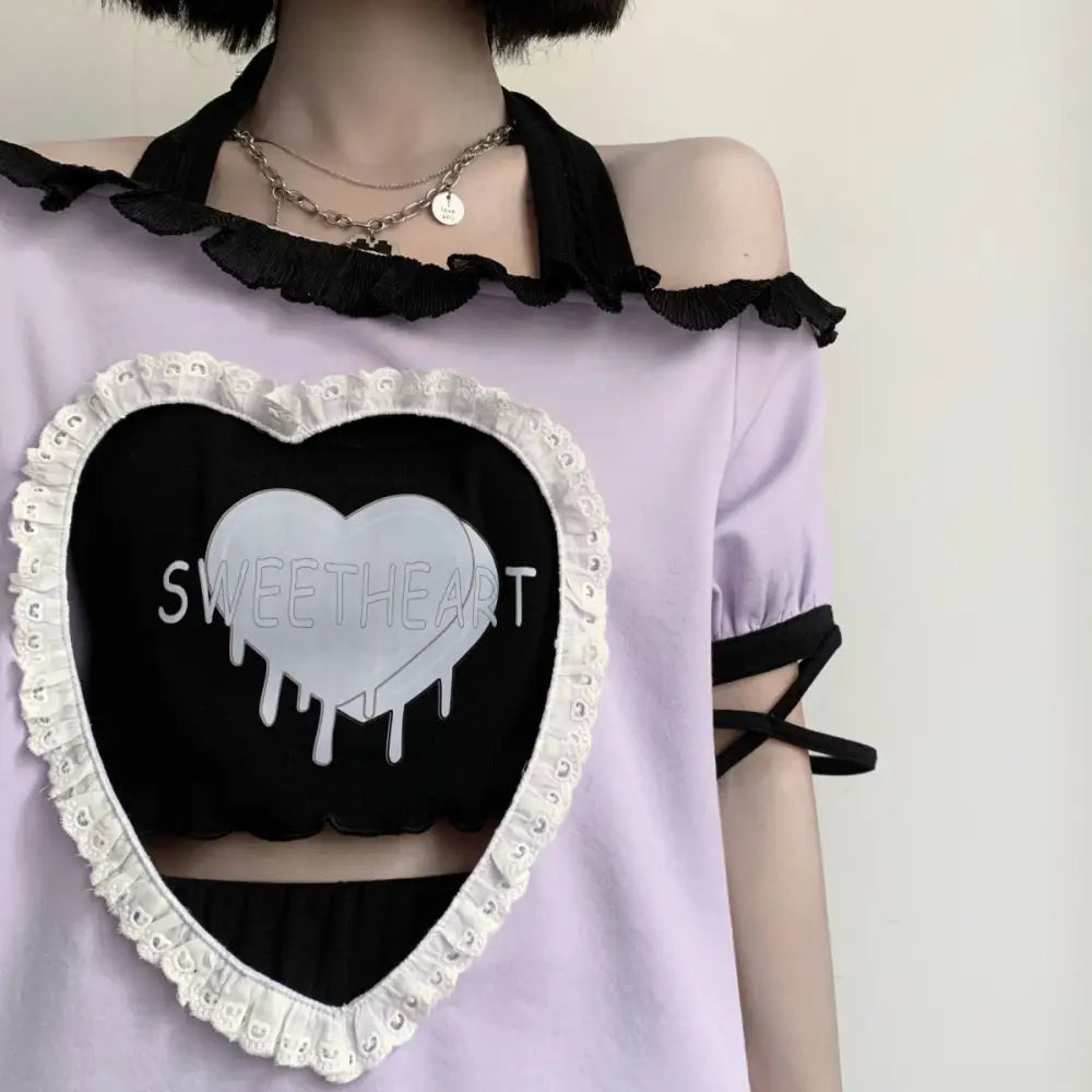 Pastel Goth Sweetheart Outfit with Crop Top and Peekaboo T-Shirt - sweater