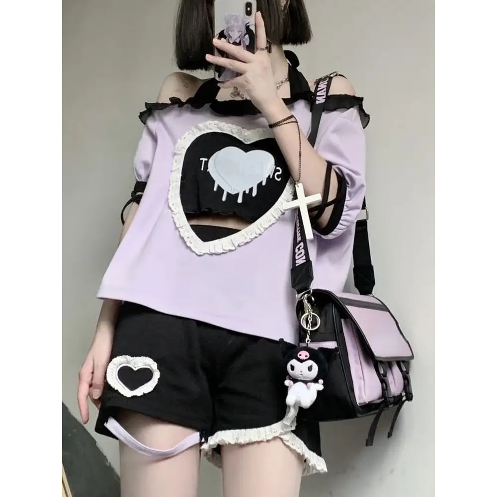 Pastel Goth Sweetheart Outfit with Crop Top and Peekaboo T-Shirt - sweater