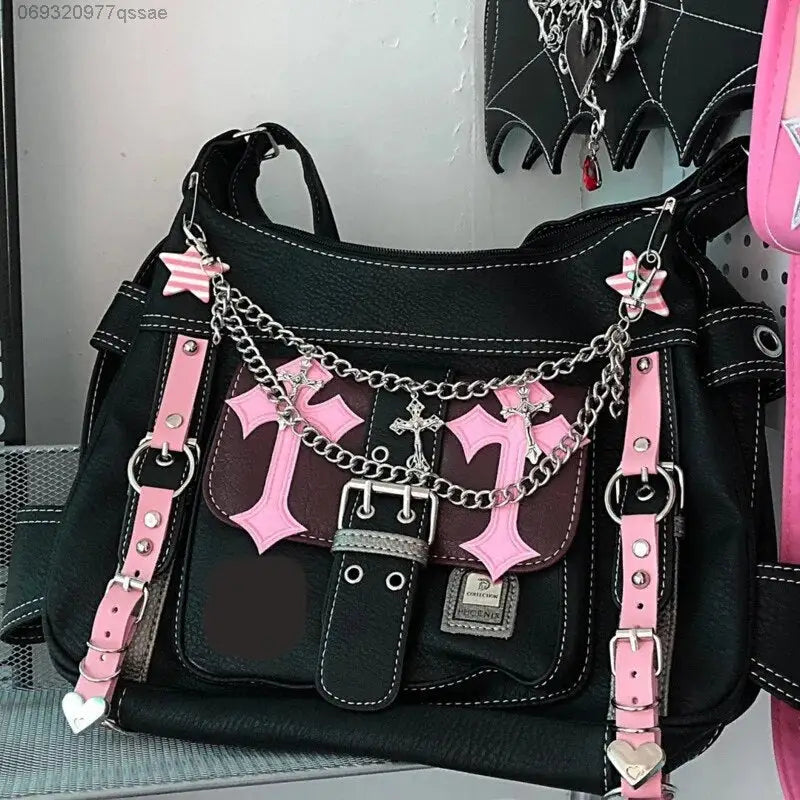 Pastel Goth Y2K Messenger Bag in Black and Pink Hues - bag