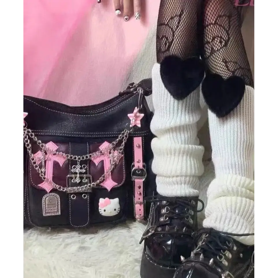 Pastel Goth Y2K Messenger Bag in Black and Pink Hues - bag