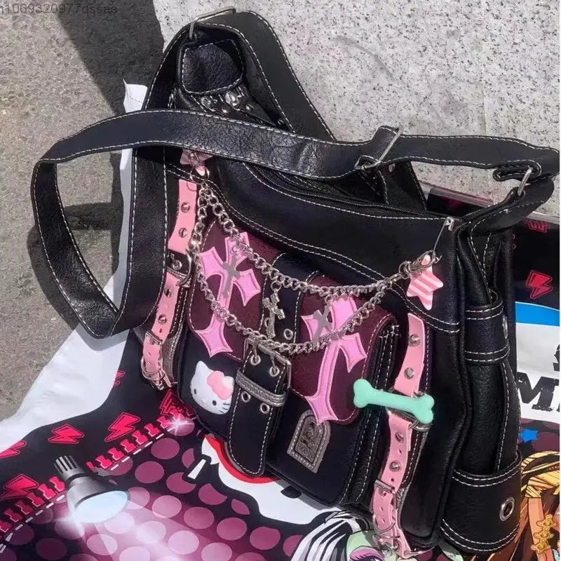 Pastel Goth Y2K Messenger Bag in Black and Pink Hues - bag