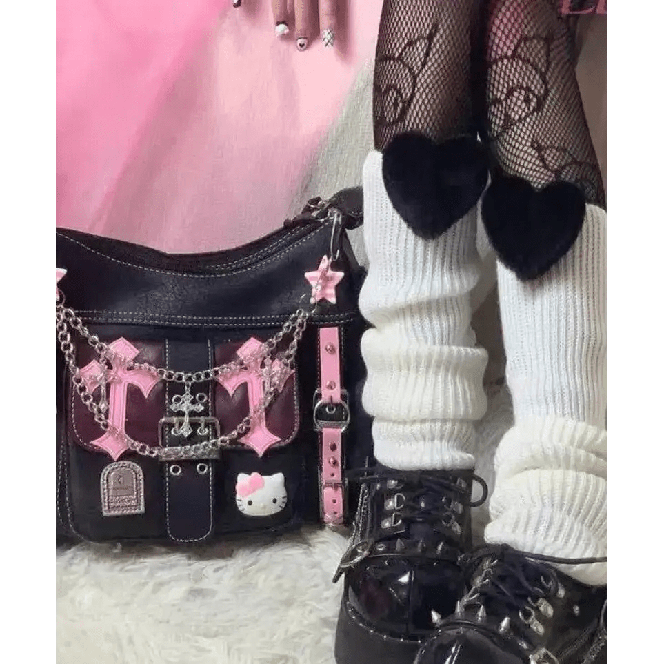 Pastel Goth Y2K Messenger Bag in Black and Pink Hues - Cosparty