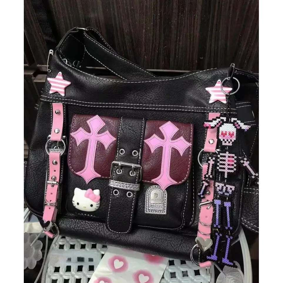 Pastel Goth Y2K Messenger Bag in Black and Pink Hues - bag