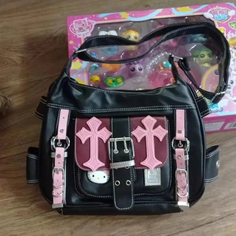 Pastel Goth Y2K Messenger Bag in Black and Pink Hues - Cosparty