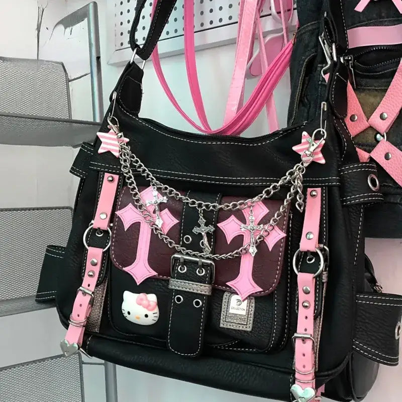 Pastel Goth Y2K Messenger Bag in Black and Pink Hues - bag