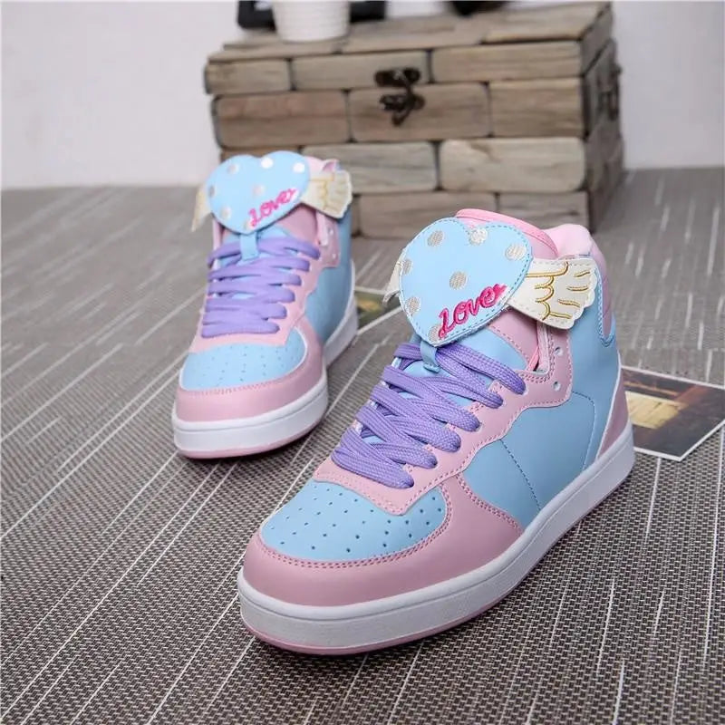 Pastel Harajuku High Top Sneakers with Winged Hearts - Shoes