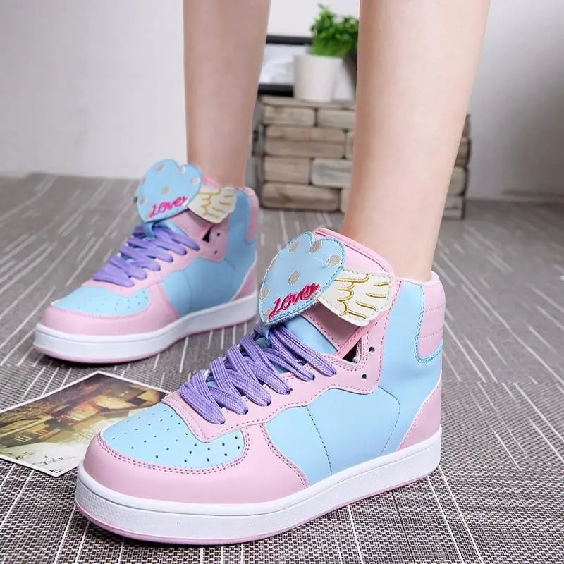 Pastel Harajuku High Top Sneakers with Winged Hearts - Shoes