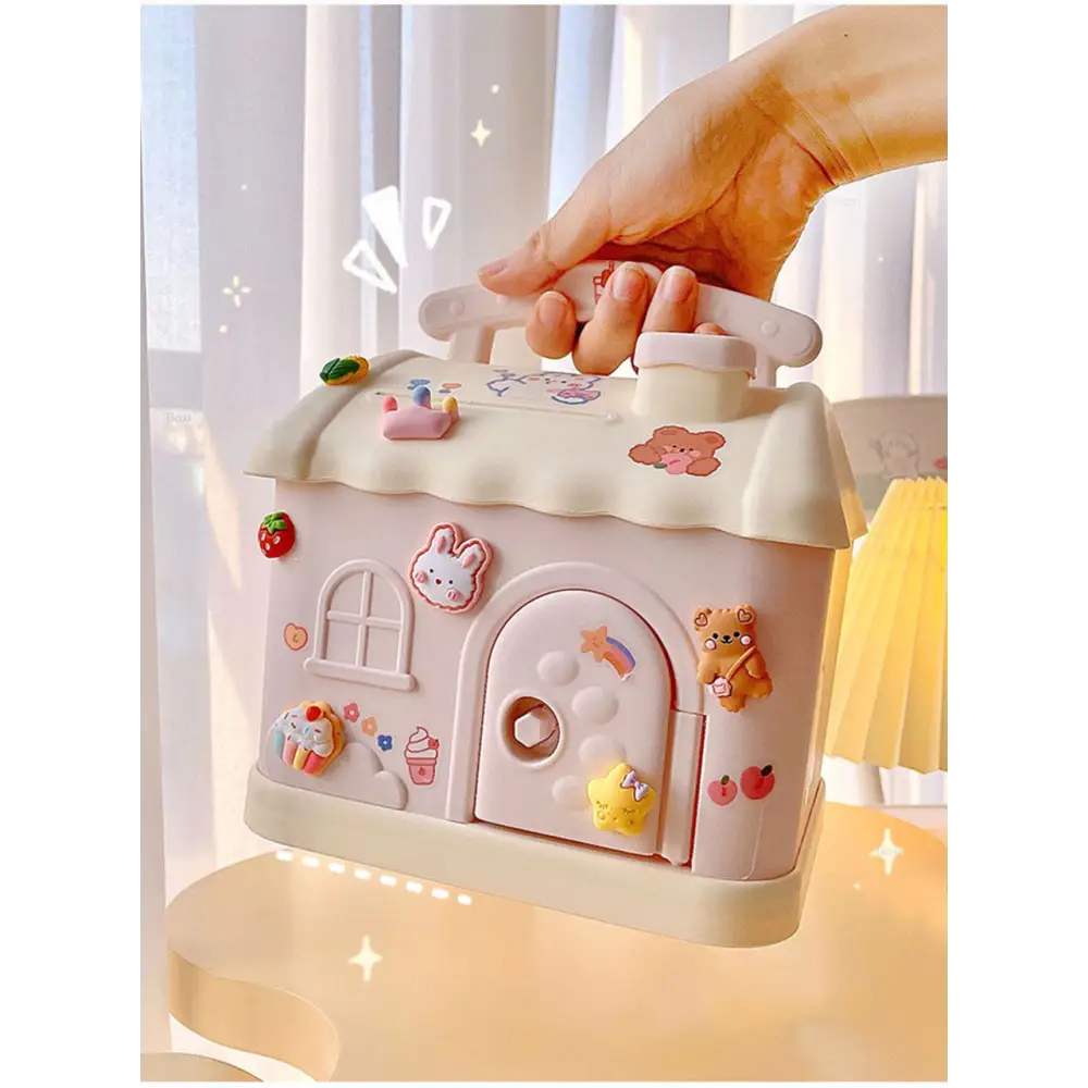 Pastel House Shaped Piggy Bank with Coin and Bill Slot - bag